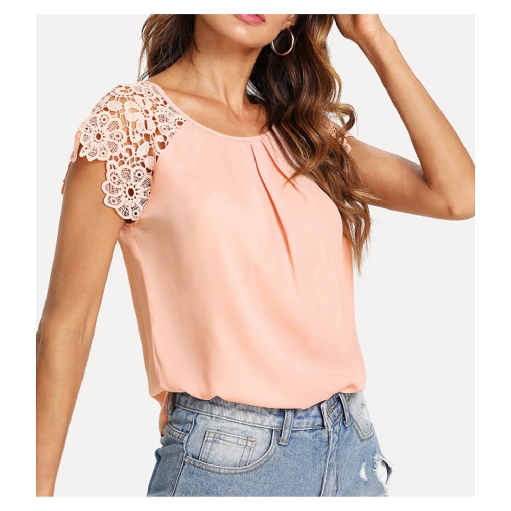Pink Short Sleeve Floral Lace Blouse Top - Picture 3 of 5